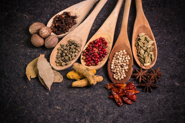 spices and herbs on wooden table , medicinal concept