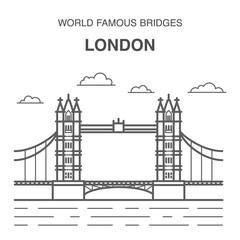 London Tower Bridge with reflections in the thames vector illustration. London Landmark illustration. World famous bridges set.