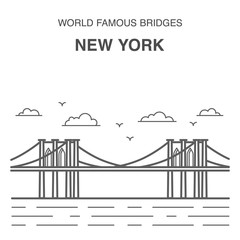 Brooklyn bridge illustration made in line art style. New York city landmark. World famous bridges set.