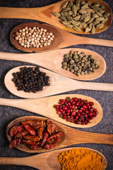 spices and herbs on wooden table , medicinal concept
