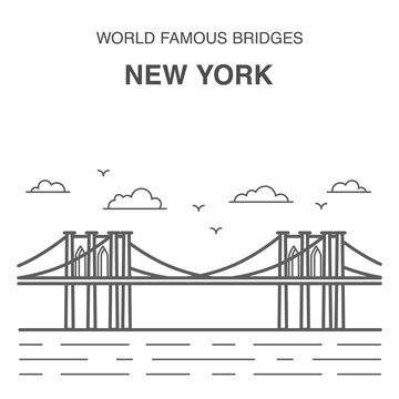 Brooklyn bridge illustration made in line art style. New York city landmark. World famous bridges set.