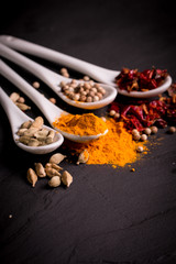 spices and herbs on wooden table , medicinal concept