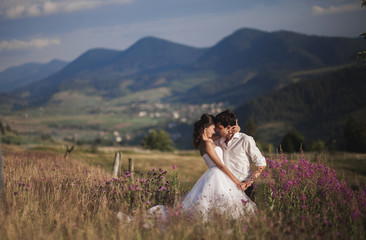 Fototapeta na wymiar Romantic fairytale couple newlyweds kissing and embracing on a background of mountains 