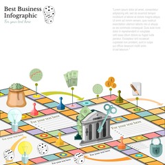 flat business infographic background with finanial board game game cells dice game pieces money