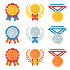 Gold, silver, bronze medal in flat icons set.