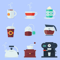 Coffee, tea, cup and devices flat icons set