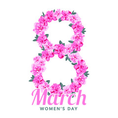 8 march, women's day with pink flower, floral vector