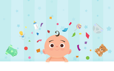 Flat little happy boy with toys