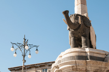 The famous lava stone statue of an elephant and its obelisk in Catania, Sicily, the symbol of the town