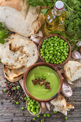 Potage soup made from fresh domestic peas with spices