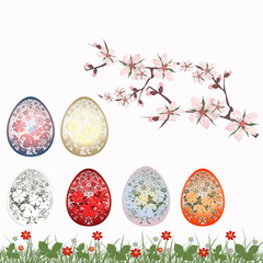 Easter set with traditional eggs. Traditional detailed eggs, flo