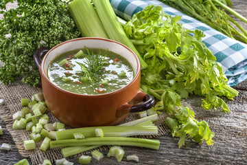 Potage soup made from fresh domestic celery with spices