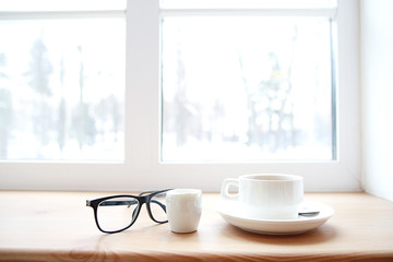 Concept winter breakfast, box, coffee, glasses