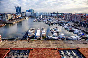 ANTWERP, BELGIUM - JAN 4: Aerial view of Antwerp port area with marina harbor form roof terrace...