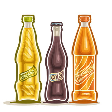 Vector illustration on the theme of the logo for carbonated drinks, consisting of three closed glass bottles with soda beverages on a white background