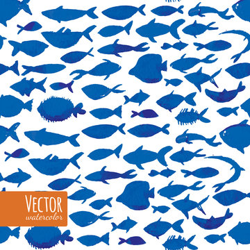 Vector Illustration Of Watercolor Blue Fishes.