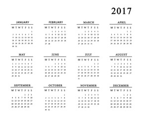 Calendar for 2017 on white background.