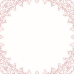 Oriental vector pink frame with arabesques and floral elements. Floral fine border. Greeting card with place for text