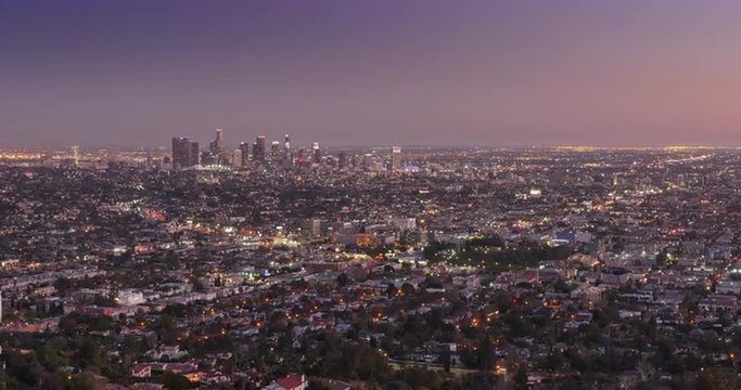 A looping dusk Los Angeles skyline timelapse.  	
