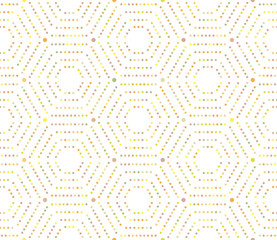 Geometric repeating vector ornament with hexagonal colored dotted elements. Seamless abstract modern pattern