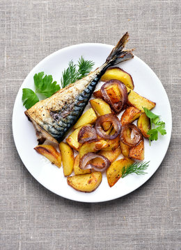 Potato wedges and grilled macarel fish