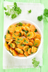 Carrot salad in bowl, top view