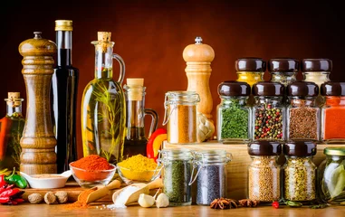 Keuken spatwand met foto Kruiden, specerijen, zaden en kookingrediënten © xfotostudio
