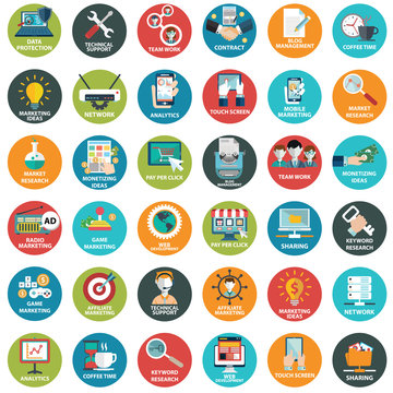 Modern flat icons vector collection  in stylish colors of web design objects, business, office and marketing items