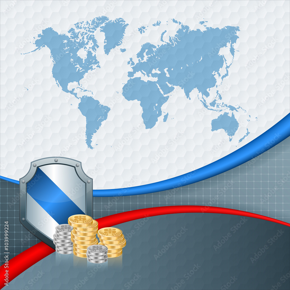 Fototapete abstract, computer, design background with world map and rolls of money in front of metallic securit