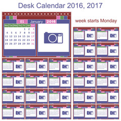 Desk calendar. Set print template for 2016 and 2017. Week starts Monday.