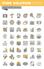 Set of modern vector thin line travel icons. Modern vector logo pictogram and infographic design elements collection. Outline icon collection for website and app design. - obrazy, fototapety, plakaty