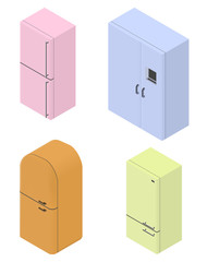 Set of four colorful isometric fridges. Vector illustration