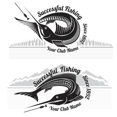 fishing style labels with fish and landscapes forest and mountains