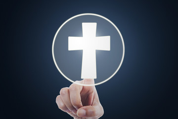 Hand pressing a cross symbol on virtual screen