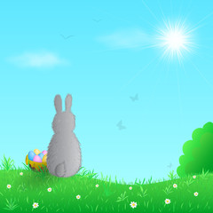 Easter bunny sitting on the green meadow. Vector illustration.