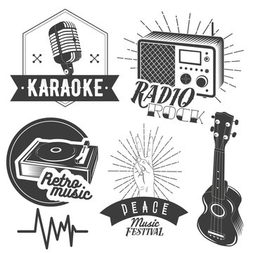 Vector set of karaoke and music labels in vintage style. Guitar, microphone, gramophone, radio receiver isolated on white background