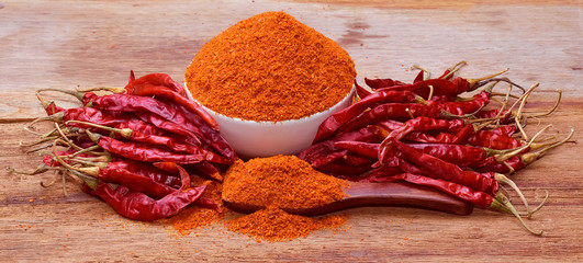 Chili with cayenne peppers on a wooden floor.
