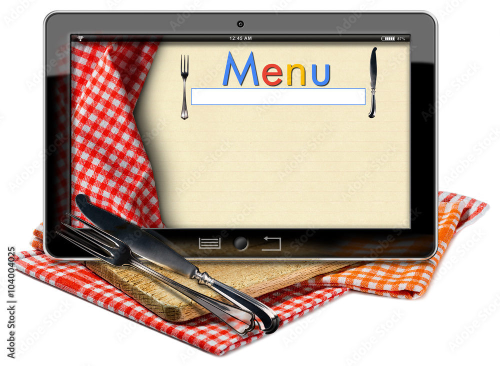 Aufkleber restaurant menu in the tablet computer / tablet computer with text menu in the screen, on a wooden c