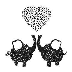 Hand drawn lettering typography poster. Isolated silhouette of a couple in love blowing the heart through the trunk on a white background. A Valentine's day gift. Vector