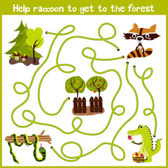 Cartoon of Education will continue the logical way home of colourful animals. Help little raccoon to get home in the wild forest. Matching Game for Preschool Children. Vector