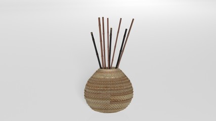 Brown vase with bamboo sticks isolated on white background