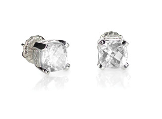 Pair of diamond stud cushion cut white quarts earrings isolated on white