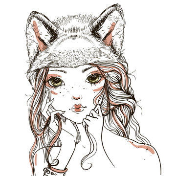 young woman with wolf headdress