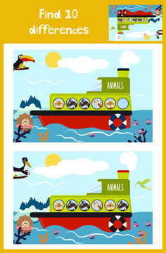 Cartoon of Education to find 10 differences in children's pictures of the boat with the animals of the wild jungle among marine fish and plants . Matching Game for Preschool Children. Vector