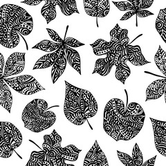 black and White seamless pattern with six ornamental leaves