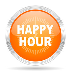 happy hour orange silver metallic metallic chrome web circle glossy icon