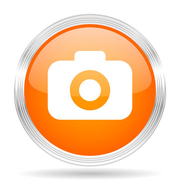 photo camera orange silver metallic metallic chrome web circle glossy icon