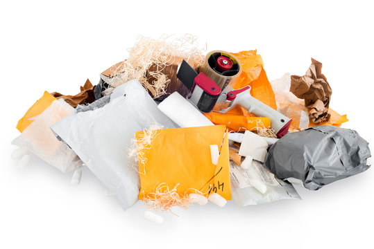 Pile of used and tore postal packages symbolize a waste pollution problem
