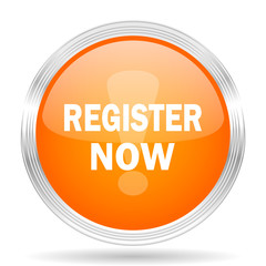 register now orange silver metallic metallic chrome web circle glossy icon