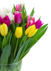 bouquet of  pink, purple and white  tulips